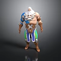 Muscular Man With White Beard Blue Arm Tattoos Decorative Belt Colorful Pants And Brown Boots