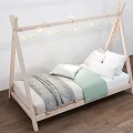 Cozy Single Bed With Wooden Frame String Lights White Pillows And Gray Light Green Blankets