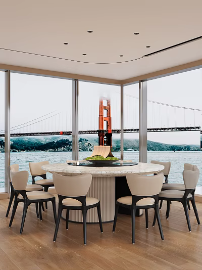 Elegant Restaurant Interior With Round Marble Table Beige Chairs And Golden Gate Bridge View 3d model