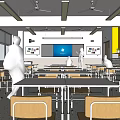 School Classroom With Students Teacher Desks Chairs Blue Screen Windows And Lockers
