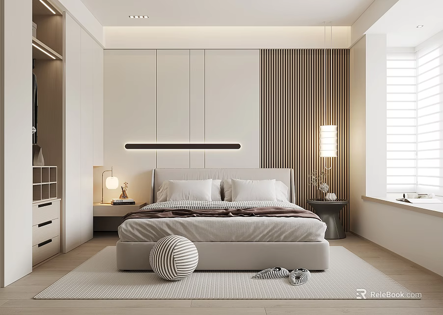 Modern Minimalist Bedroom Interior With Bed Nightstands Table Lamps Striped Wall And Light Tones 3d model 
