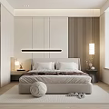 Modern Minimalist Bedroom Interior With Bed Nightstands Table Lamps Striped Wall And Light Tones