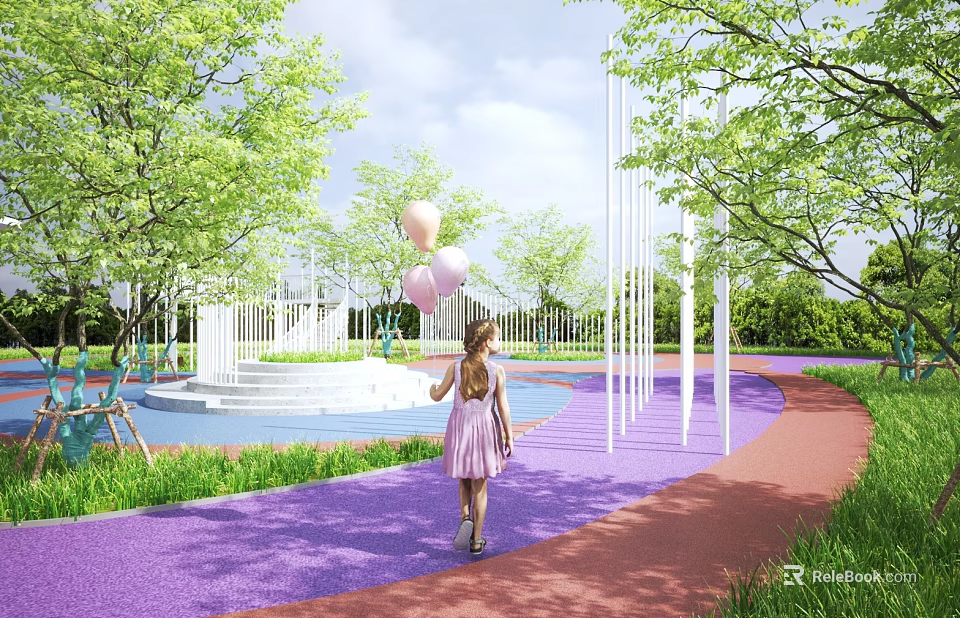 Vibrant Park Landscape With Little Girl Holding Balloons On Colorful Purple Red Path 3d model 