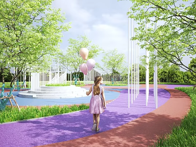 Vibrant Park Landscape With Little Girl Holding Balloons On Colorful Purple Red Path 3d model