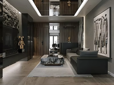 Modern Open Concept Living Dining Room With Wooden Walls Marble Coffee Table Black Sofa and Large Painting 3d model
