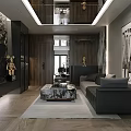 Modern Open Concept Living Dining Room With Wooden Walls Marble Coffee Table Black Sofa and Large Painting
