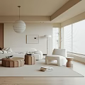 Modern Living Room Interior With Wooden Elements White Sofa Round Coffee Table Floor-to-Ceiling Windows Blinds