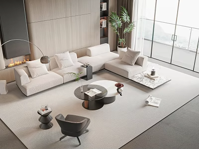 Modern Minimalist Sofa And Coffee Table Set With Floor Lamp And Floor To Ceiling Windows 3d model