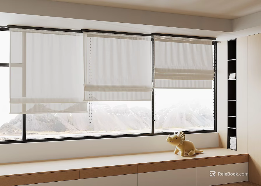 White Roller Blinds Covering Window With Mountain View And Wooden Windowsill Toy Dinosaur 3d model 