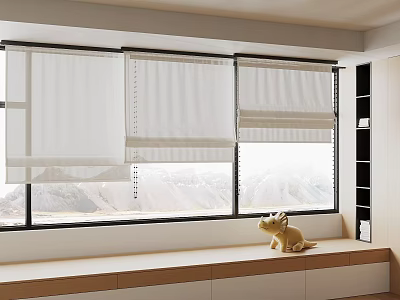 White Roller Blinds Covering Window With Mountain View And Wooden Windowsill Toy Dinosaur 3d model