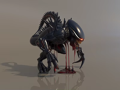 Dark Alien Creature With Spiked Exoskeleton Sharp Claws Red Eyes And Bloody Dripping 3d model