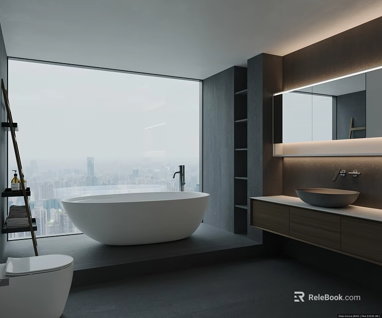 Modern Bathroom Interior With Large Window City View Freestanding Bathtub Sink Wooden Cabinets And Mirror 3d model 