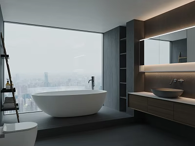 Modern Bathroom Interior With Large Window City View Freestanding Bathtub Sink Wooden Cabinets And Mirror 3d model