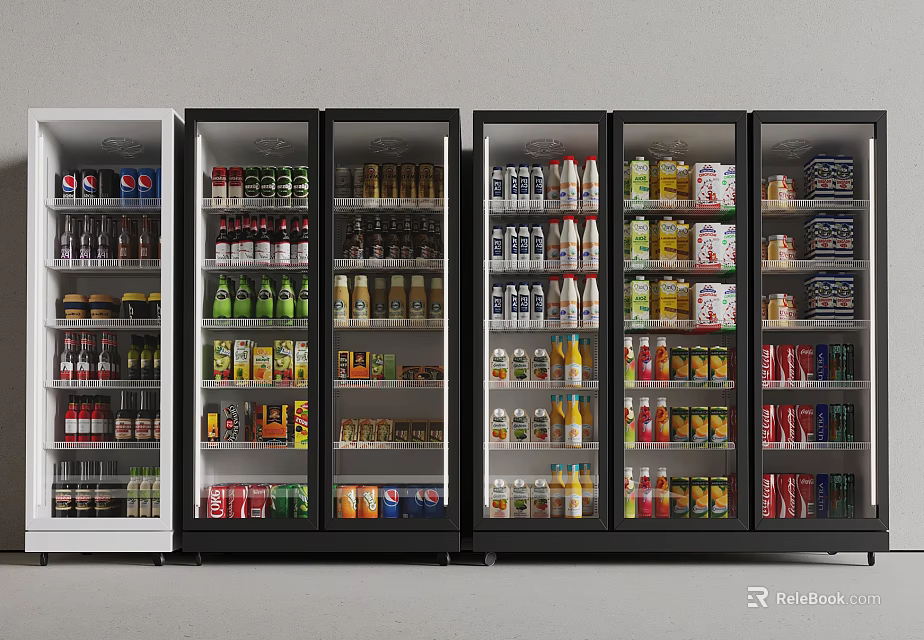 Glass Door Refrigerators Display Stocked With Various Beverages And Food Items 3d model 