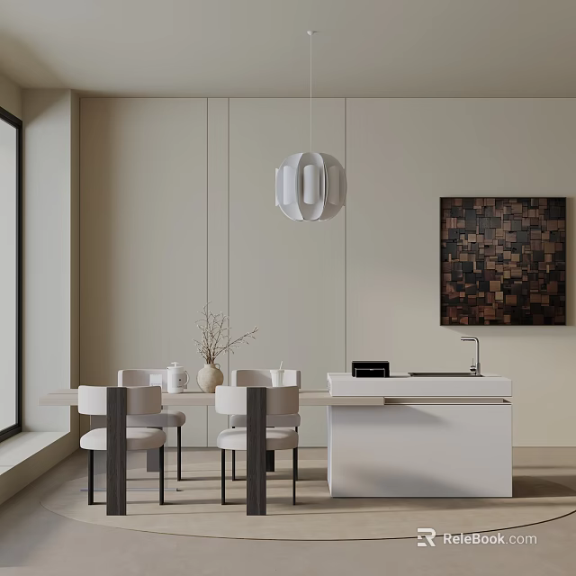 Modern Dining Table Set With Chairs Pendant Light And Decorative Wall Painting 3d model 