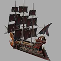 Vintage Wooden Sailing Ship with Red and Black Sails and Carved Dragon Head Bow