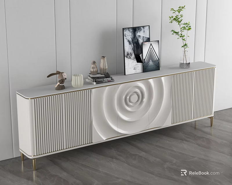 Modern White TV Stand Featuring Gold Legs Decorative Circular Pattern And Vertical Stripes 3d model 