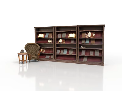 Vintage Furniture Arrangement With Multi Tiered Wooden Bookcase Armchair And Side Table 3d model