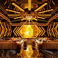 Modern KTV Interior Design With Golden Lighting Hexagonal Decor And Leather Sofas 3d model
