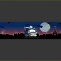 Commercial Equipment Vehicle Model With City Night Moon Clouds And Eiffel Tower On Green Platform