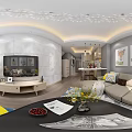 Modern Living and Dining Room Interior With White Wall TV Sofa Yellow Coffee Table Chandelier