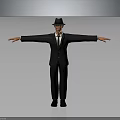 Male Character in Black Suit and Hat Standing with Arms Outstretched on Gray Background