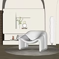 Modern Leisure Chair With Curved Design Soft Fabric White Floor Lamp And Green Plants