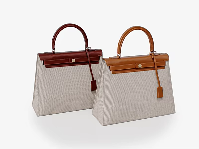 Two Stylish Handbags With Beige Fabric Body And Leather Handles Flaps In Brown Red Leather 3d model