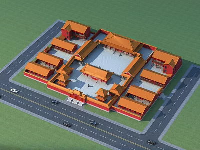 Ancient Chinese Architecture With Traditional Courtyard Layout Yellow Roofs And Red Walls Aerial View 3d model