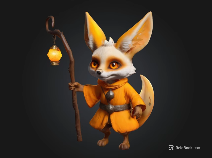 Cute Fennec Fox 3D Character with Large Ears Orange Robe and Lantern Staff 3d model 