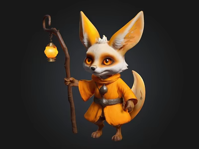 Cute Fennec Fox 3D Character with Large Ears Orange Robe and Lantern Staff 3d model
