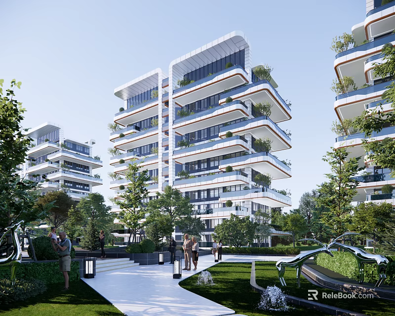 Modern Residential Building Architectural Design With Balconies Greenery Trees And Recreational Outdoor Space 3d model 