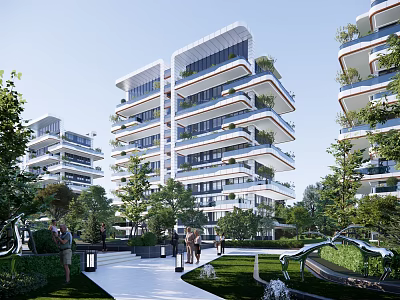 Modern Residential Building Architectural Design With Balconies Greenery Trees And Recreational Outdoor Space 3d model