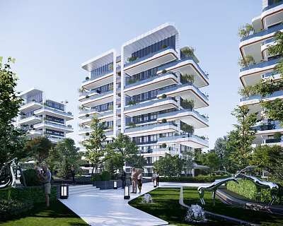 Modern Residential Building Architectural Design With Balconies Greenery Trees And Recreational Outdoor Space 3d model