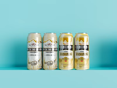 Four Zhujiang Wang Alcohol Free Beer Cans on Light Blue Background 3d model