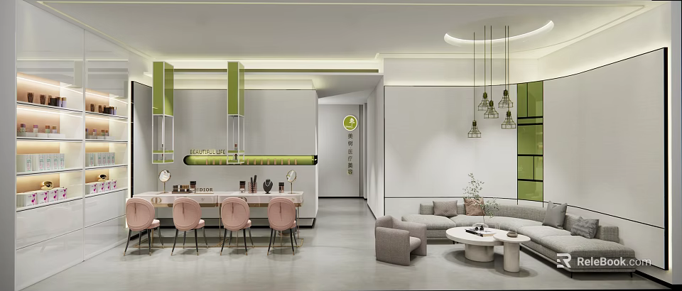 Elegant Modern Beauty Hair Salon Interior With Pink Chairs Sofa And Green Accents 3d model 