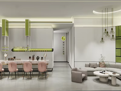Elegant Modern Beauty Hair Salon Interior With Pink Chairs Sofa And Green Accents 3d model