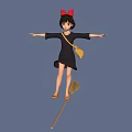 Little Girl Flying On Broomstick With Red Bow And Yellow Bag In Blue Sky