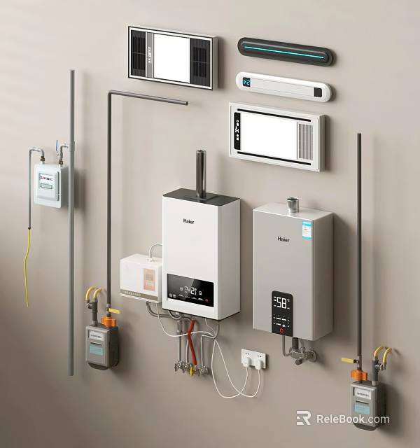Home Wall Mounted Water Heaters With Digital Display Control Devices And Pipes 3d model 