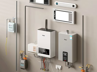 Home Wall Mounted Water Heaters With Digital Display Control Devices And Pipes 3d model