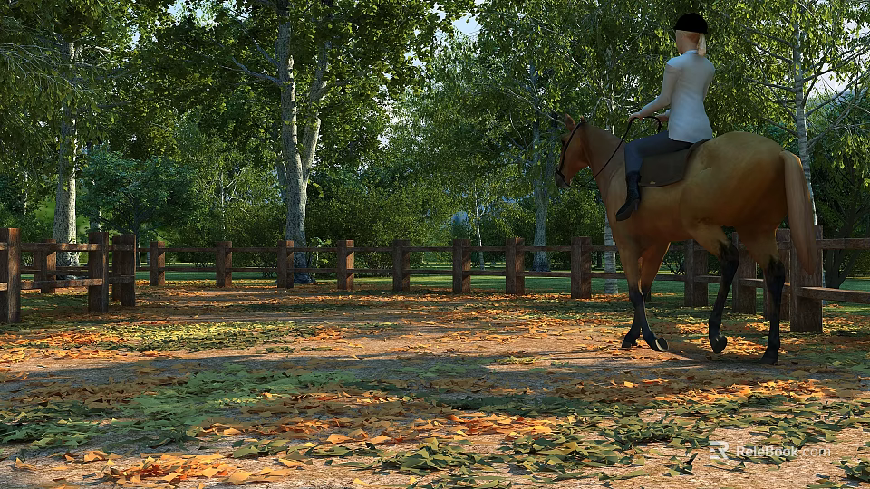 Scenic Rural Landscape With Person Riding Horse Trees Fallen Leaves And Wooden Fence 3d model 