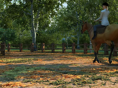 Scenic Rural Landscape With Person Riding Horse Trees Fallen Leaves And Wooden Fence 3d model