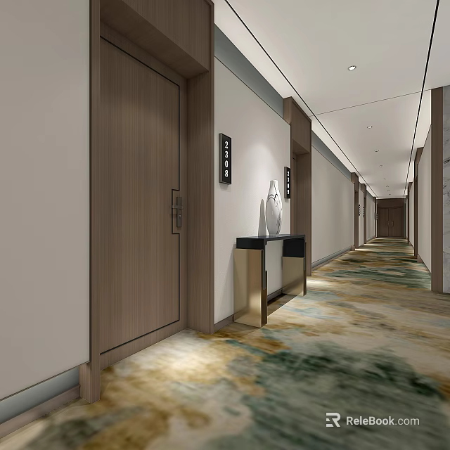 Modern Hotel Corridor Design With Wooden Doors Patterned Carpet And Ceiling Lights 3d model 