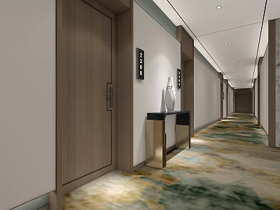 Modern Hotel Corridor Design With Wooden Doors Patterned Carpet And Ceiling Lights 3d model