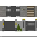 Modern Entrance Gate Design With Black Metal Slats Wooden Stripes And Stone Pillars Wall Lamps