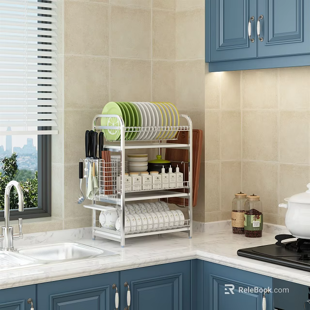Blue Kitchen Cabinets With Dish Rack And Organized Dishes On Countertop 3d model 