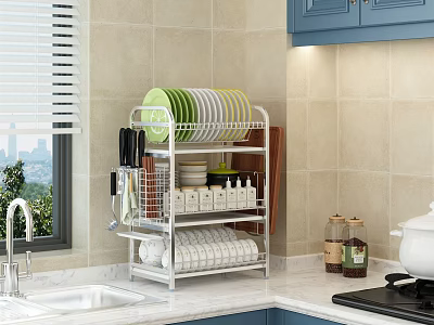 Blue Kitchen Cabinets With Dish Rack And Organized Dishes On Countertop 3d model