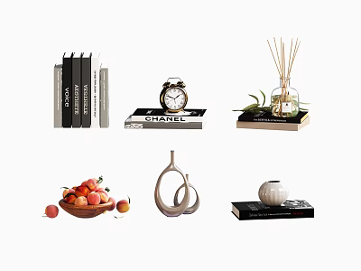 Stylish Decorative Ornament Set Including Books Alarm Clock Diffuser Fruit Bowl And Modern Vase 3d model