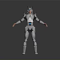 Man In Silver Futuristic Armor With Helmet And Blue Accent Standing On Dark Background
