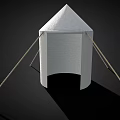 White Conical Canvas Tent Structure With Wooden Support Poles On Black Background